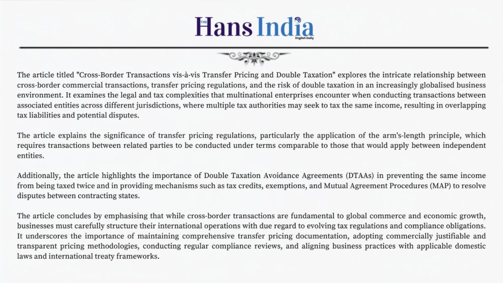 Cross-Border Transactions vis-à-vis Transfer Pricing and Double Taxation