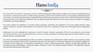 Cross-Border Transactions vis-a-vis Transfer Pricing and Double Taxation (Hans India)