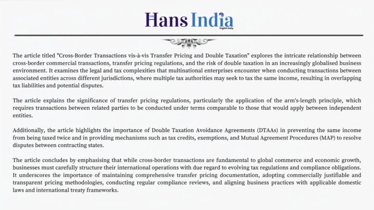 Cross-Border Transactions vis-a-vis Transfer Pricing and Double Taxation (Hans India)