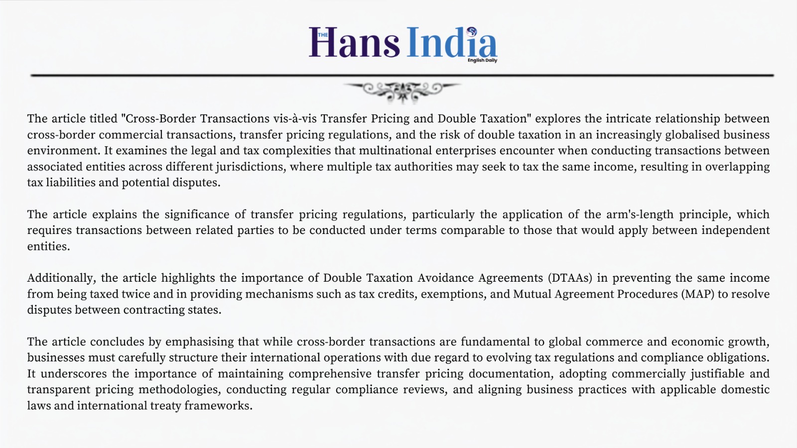 Cross-Border Transactions vis-a-vis Transfer Pricing and Double Taxation (Hans India)